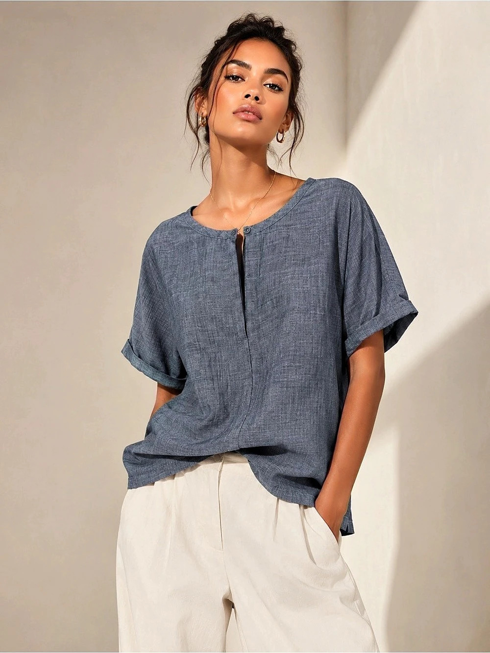 Max Studio London Slub Puff Sleeve Split Neck Blouse Blue boho oversized XL